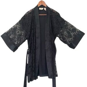 Vintage Victoria’s Secret Kimono Robe Gold Label Satin Lace Black One Size